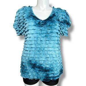 Notations Womens Blouse Top Shirt Ruffled Fringe V Neck Short Sleeve Blue 1X